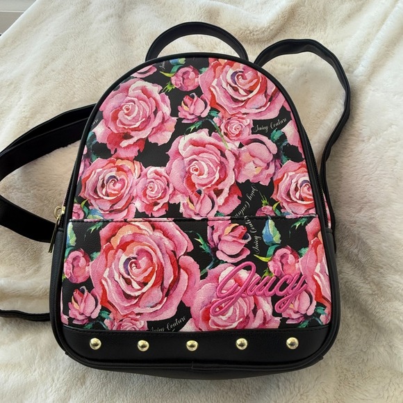 Juicy Couture Handbags - Juicy Couture Mini Backpack Purse Black Pink Roses Floral Studded PVC